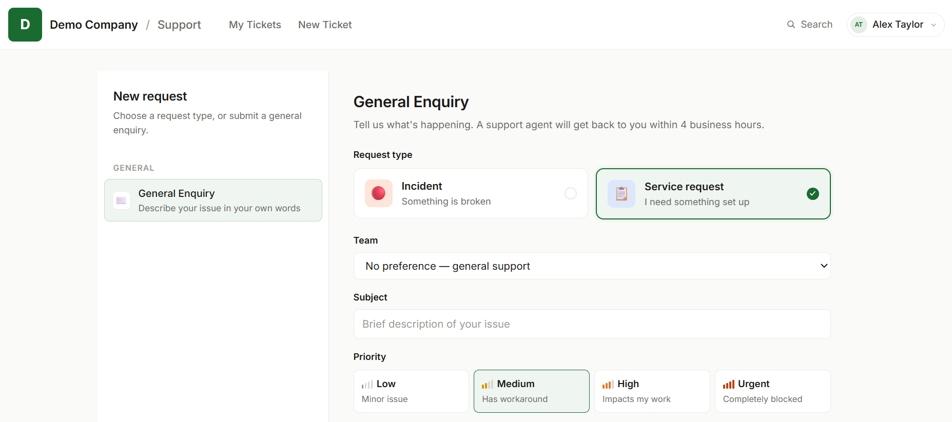 Customer portal: new ticket form with request type, team preference, and priority picker